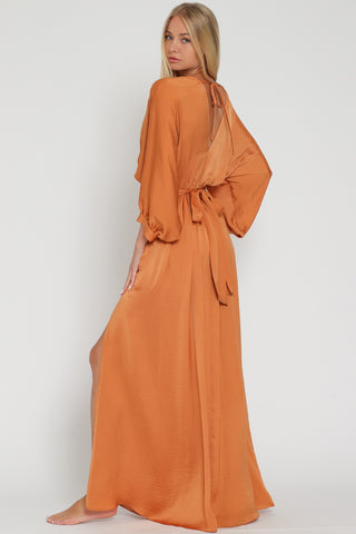 Rust Long Dolman Sleeve Tie Back Waisted Maxi Dress