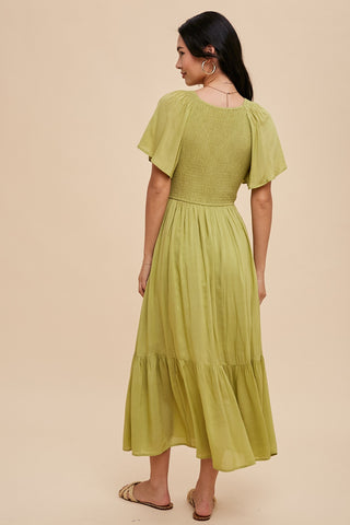 Green Smocked Flutter Sleeve Midi Dress