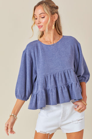 Blue Ribbed Knit Multi Tiered Ruffle Top