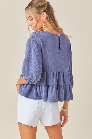 Blue Ribbed Knit Multi Tiered Ruffle Top