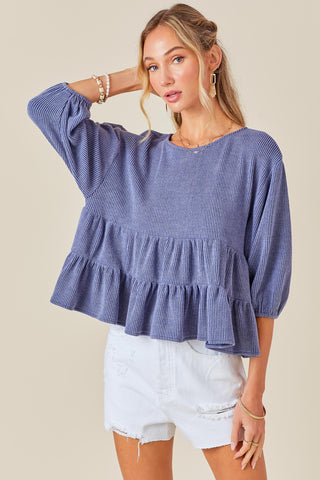 Blue Ribbed Knit Multi Tiered Ruffle Top