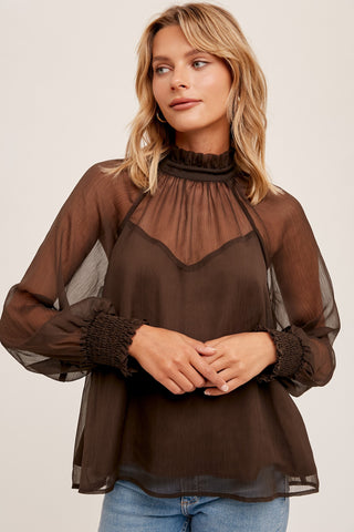 Dark Brown Ruffle Neckline Smocked Cuff Blouse