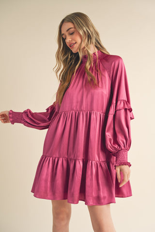 Berry Rose Mock Neck Tiered Mini Dress