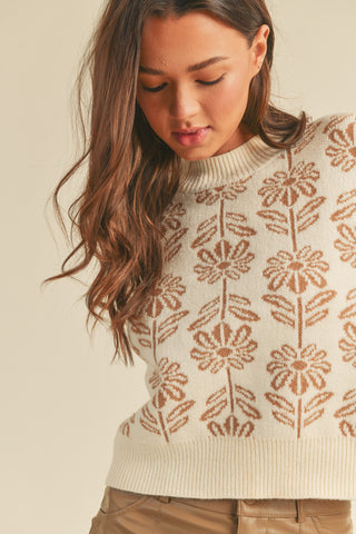 Beige Taupe Floral Pattern Knit Sweater