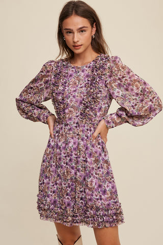 Violet Floral Print Ruffle Detailed Long Sleeve Dress