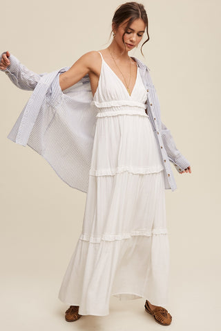 Cream Striped Ruffle Tiered Maxi Dress