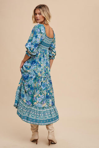 Teal Floral Smocked Half-Length Sleeves Midi Dress