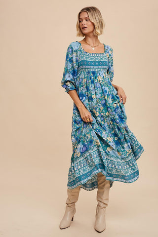 Teal Floral Smocked Half-Length Sleeves Midi Dress