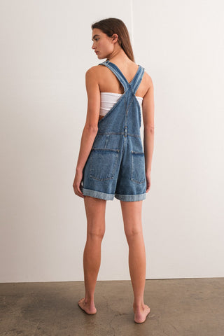 Blue Rolled Hem Short Overalls