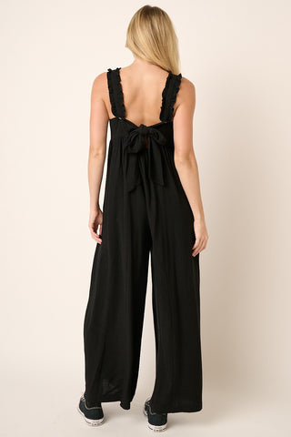 Black Ruffle Trim Back Tie Jumpsuit