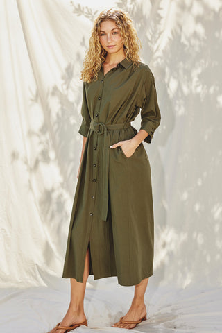 Washed Olive Buckle Detail Midi Dress