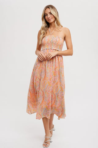 Coral Paisley Halter Smocked Midi Dress