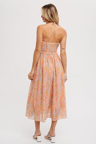 Coral Paisley Halter Smocked Midi Dress