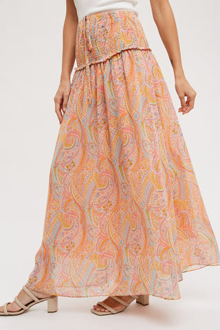 Coral Paisley Halter Smocked Midi Dress