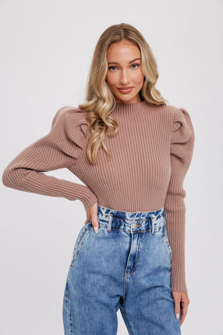 Mocha Puff Sleeves Mock Neck Pullover