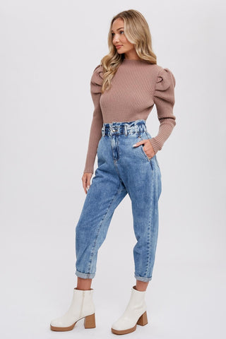 Mocha Puff Sleeves Mock Neck Pullover