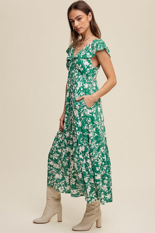 Green Floral Ruffle Midi Dress