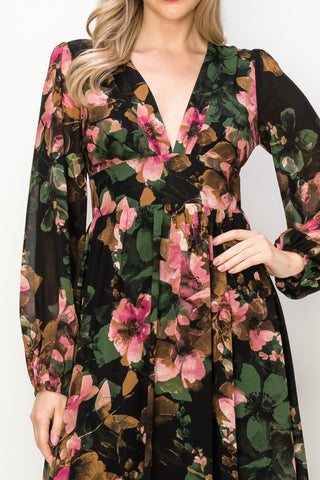 Green Chiffon Floral Long Sleeve V-Neck Maxi Dress