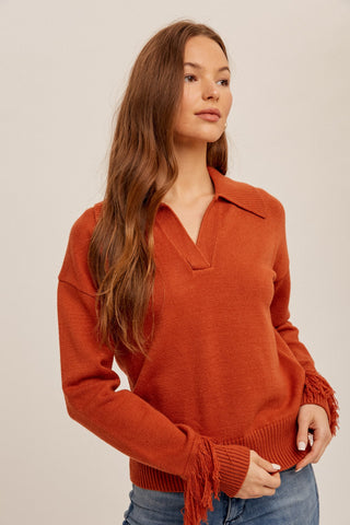 Brick Fringe Detail V Neck Collared Sweater