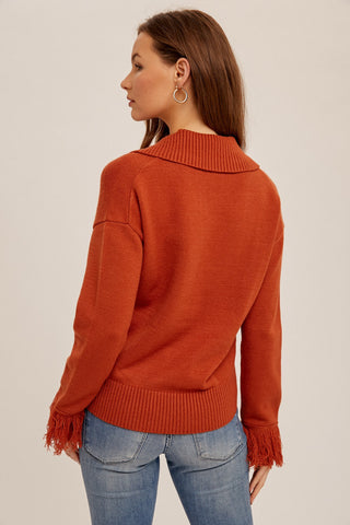 Brick Fringe Detail V Neck Collared Sweater