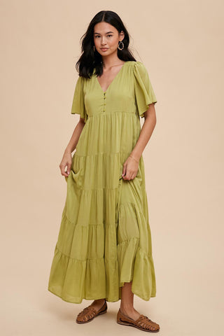 Green Button Detail Tiered Maxi Dress