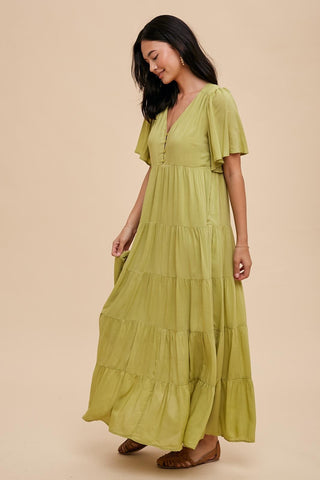 Green Button Detail Tiered Maxi Dress