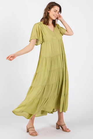 Green Button Detail Tiered Maxi Dress