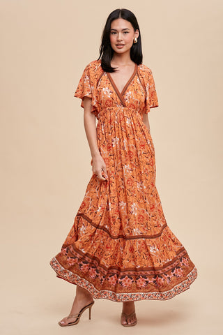 Orange Floral Flounce Sleeve Maxi Dress