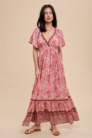 Pink Floral Flounce Sleeve Maxi Dress