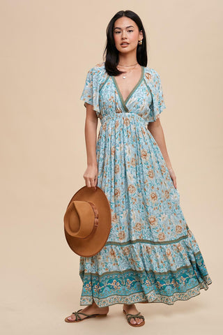 Light Blue Floral Flounce Sleeve Maxi Dress