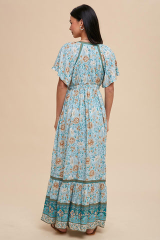 Light Blue Floral Flounce Sleeve Maxi Dress