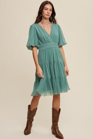 Sage V-Neck Pleated Mesh Cinched Waist Midi Dress