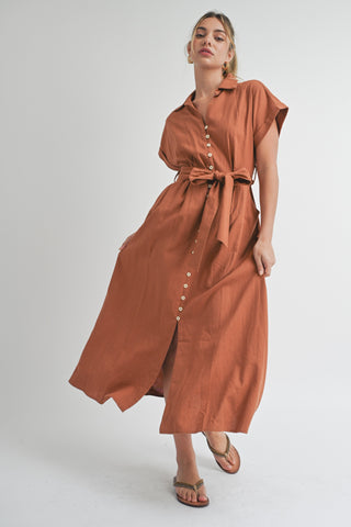 Rust Collared Front Button Midi Dress