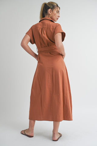 Rust Collared Front Button Midi Dress