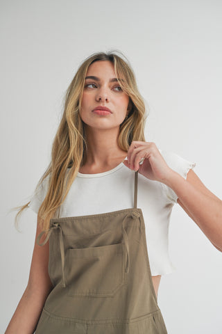 Olive Front Pocket Short Overalls