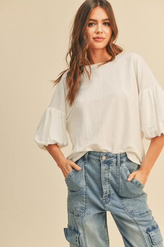 White Drop Shoulder Puff Sleeve Top