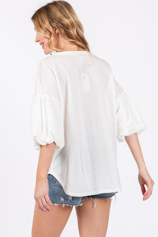 White Drop Shoulder Puff Sleeve Top