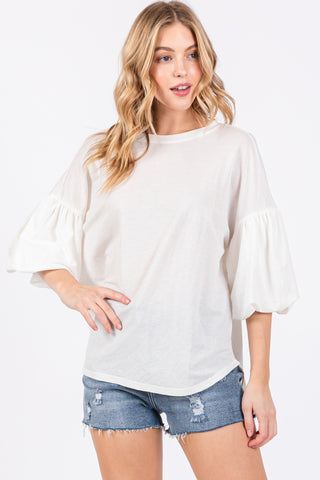 White Drop Shoulder Puff Sleeve Top