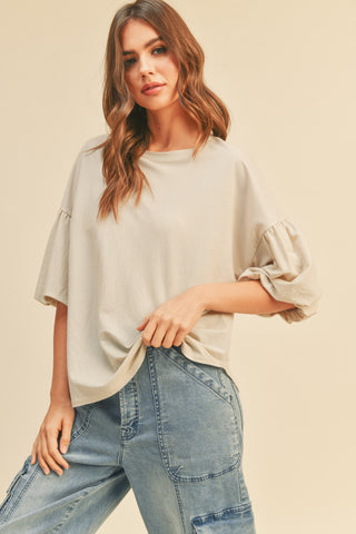 Beige Drop Shoulder Puff Sleeve Top