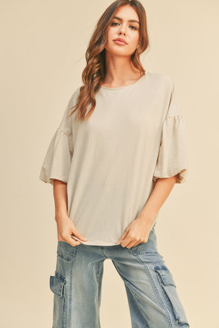 Beige Drop Shoulder Puff Sleeve Top