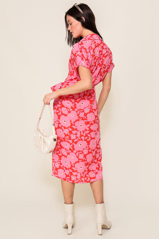 Orange Fuchsia Surplice Floral Print Wrap Midi Dress