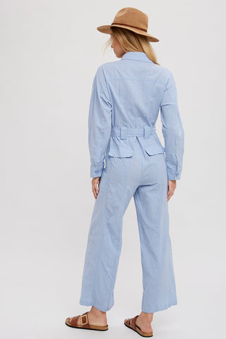 Chambray Button Down Tie-Waist Shirt Jumpsuit