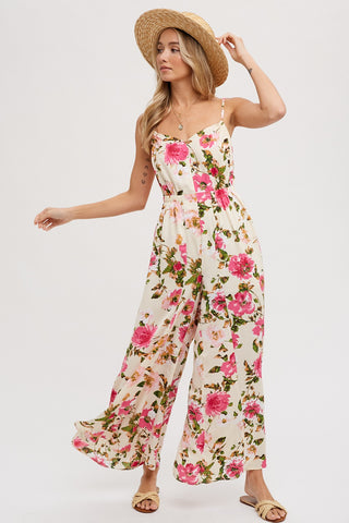 Cream Open Back Floral Print Sleeveless Jumpsuit