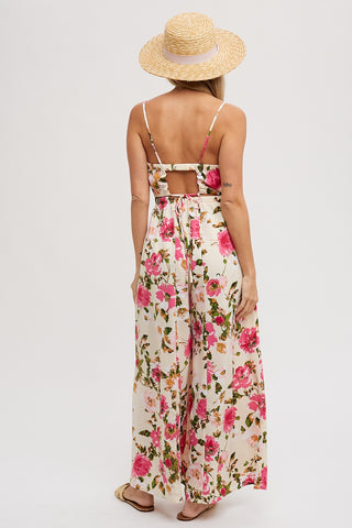 Cream Open Back Floral Print Sleeveless Jumpsuit