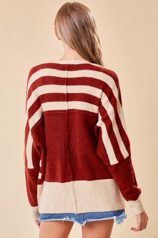 Cream Maroon Striped Sweater Cardigan