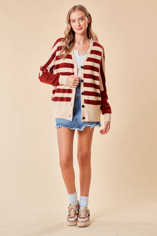 Cream Maroon Striped Sweater Cardigan