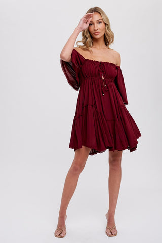 Burgundy Ruffle Hem  Ruched Mini Dress