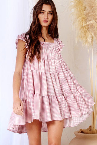 Mauve Gingham Print Tiered Babydoll Mini Dress