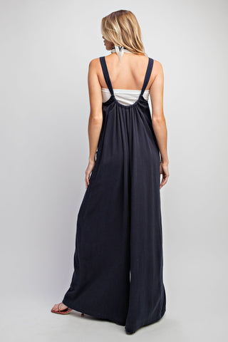 Dark Navy Linen Wide Leg Jumpsuit Pants