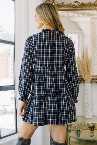 Black Plaid Babydoll Mini Dress